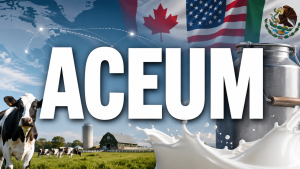 ACEUM en grandes lettres devant une ferme laitière, des vaches, du lait et les drapeaux du Canada, des États-Unis et du Mexique
