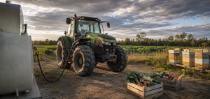Tracteur ravitaillé en diesel près de ruches et de caisses de légumes