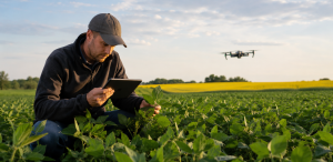 Agronome examinant des plants de soya avec une tablette pendant qu’un drone survole le champ