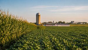 Champs québécois de maïs et de soya près de silos, d’une ferme porcine et d’un centre de recherche agricole