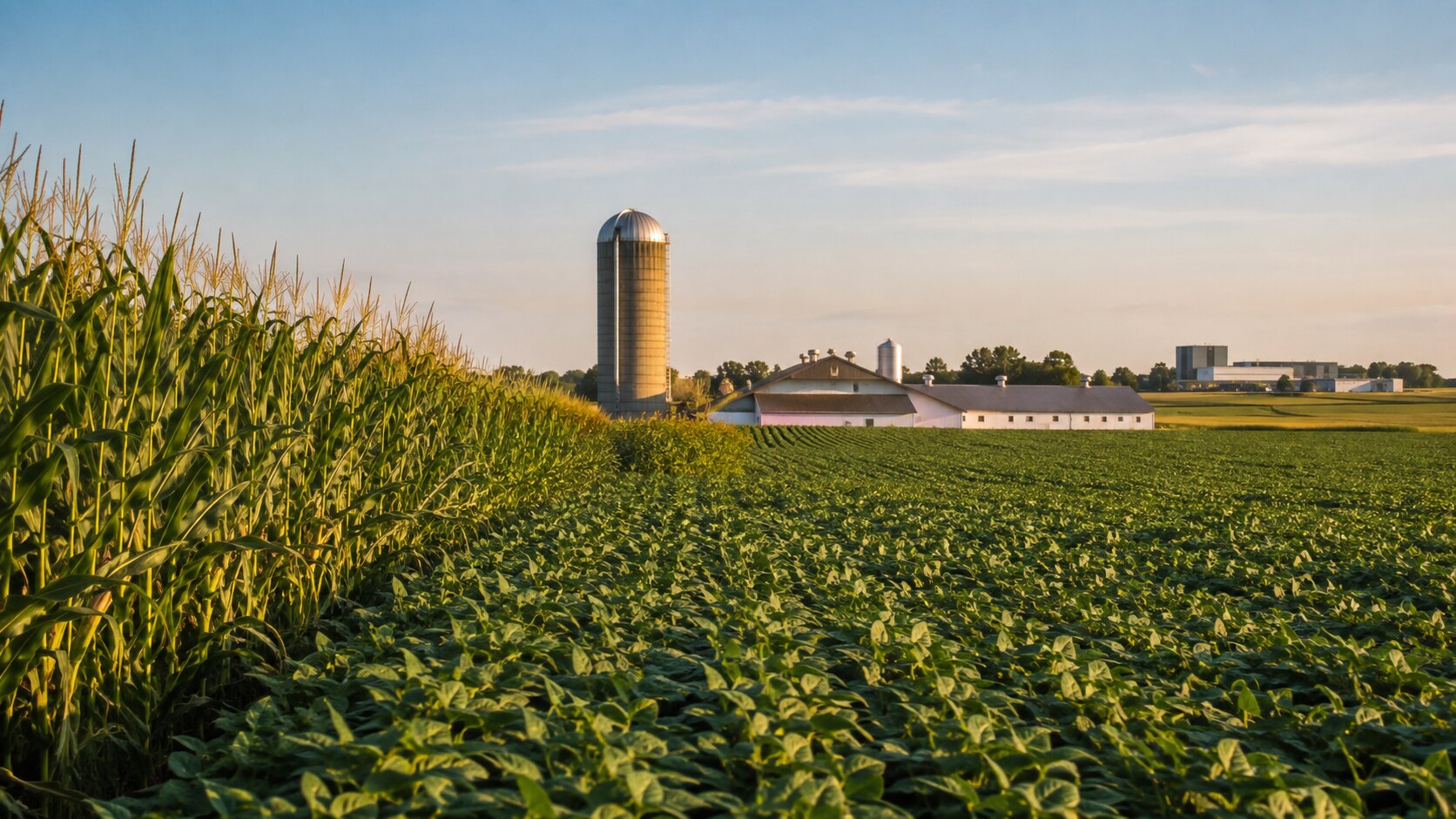 Champs québécois de maïs et de soya près de silos, d’une ferme porcine et d’un centre de recherche agricole