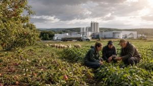 Vergers endommagés après une tempête, usine laitière, moutons et producteurs échangeant dans un champ de haricots