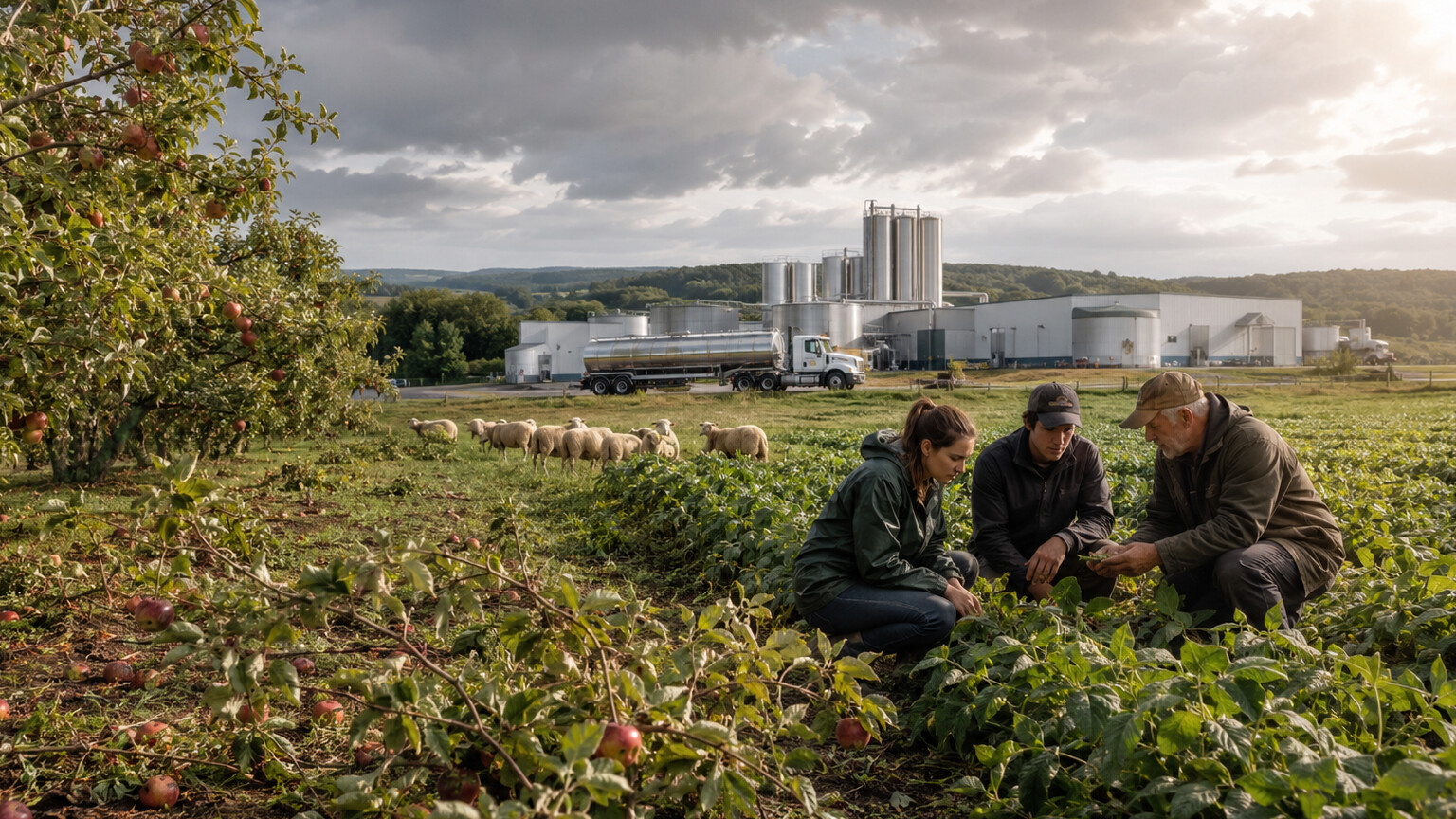 Vergers endommagés après une tempête, usine laitière, moutons et producteurs échangeant dans un champ de haricots