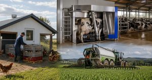 Actualité agricole Québec 15 août 2026, ferme avec bâtiment avicole, robot de traite et équipement d’épandage de précision