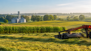 Actualité agricole Québec 21 août 2026, champs de maïs et de canola avec faucheuse et silos