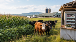Ferme québécoise avec troupeau bovin, champs de maïs et de soya et vente locale de viande