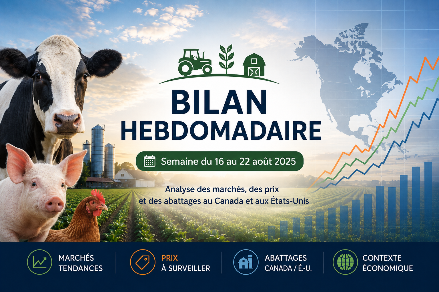 Illustration du bilan agricole hebdomadaire avec ferme, élevage et indicateurs de marchés nord-américains