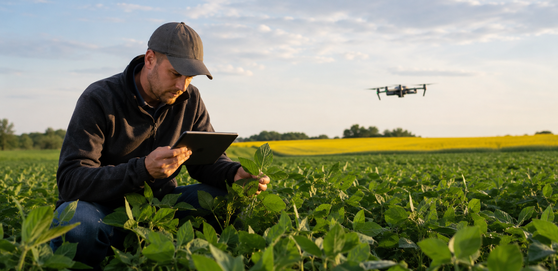 Agronomist examining soybean plants with a tablet as a drone flies over the field