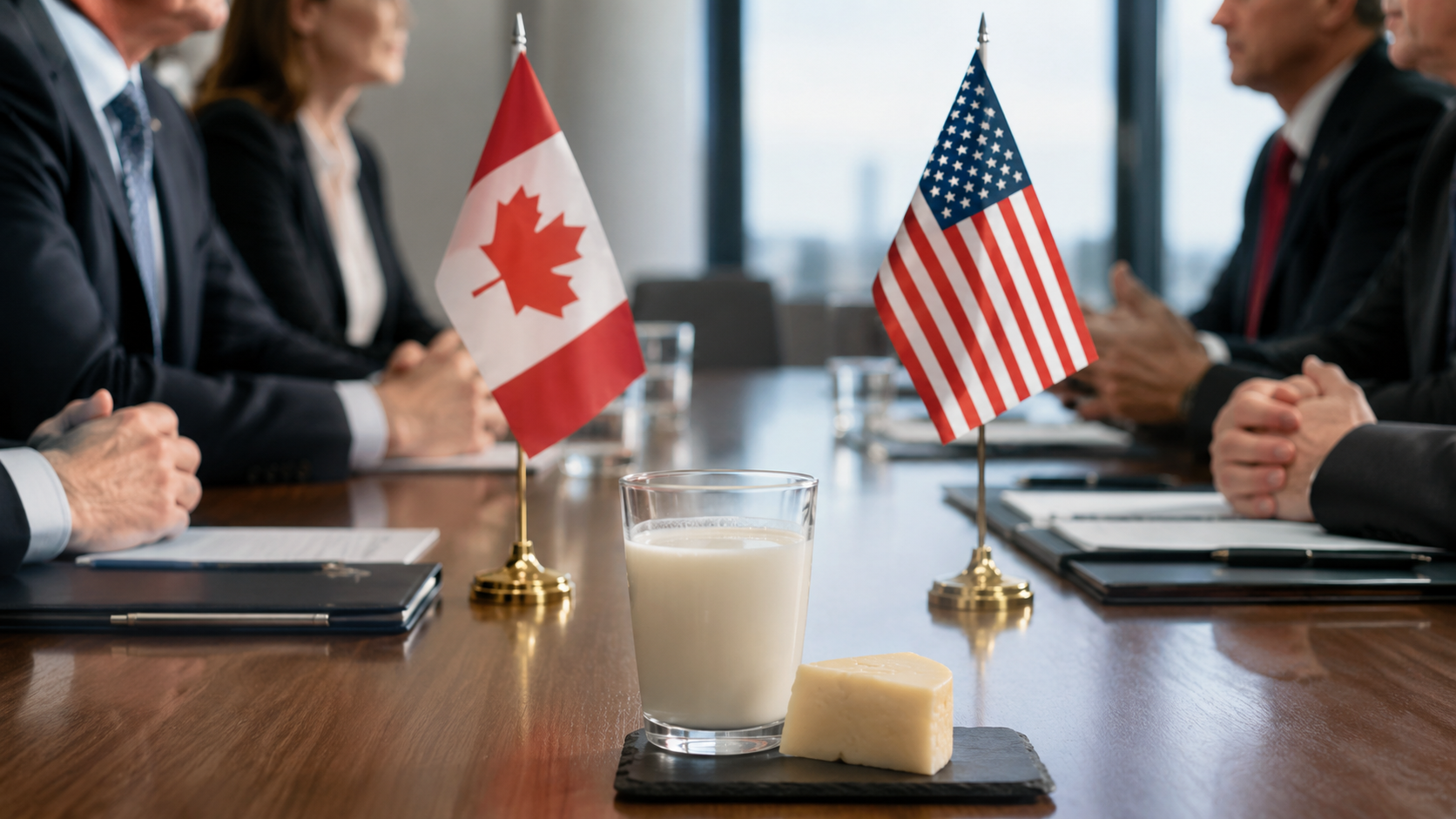 Table de négociation entre le Canada et les États-Unis avec un verre de lait et du fromage au premier plan.