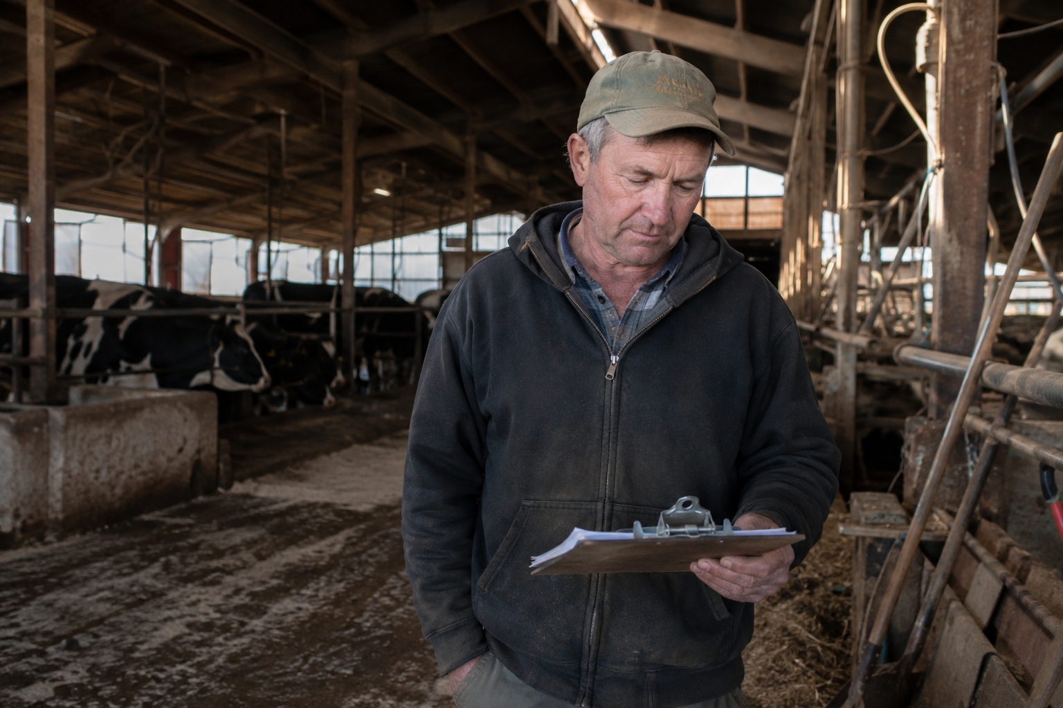 Producteur laitier dans une étable consultant des documents de gestion, illustrant le contraste entre la valeur des actifs agricoles et le revenu disponible.
