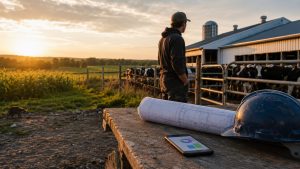 Jeune producteur laitier devant son troupeau, avec plans de construction, casque et téléphone sur une table de ferme