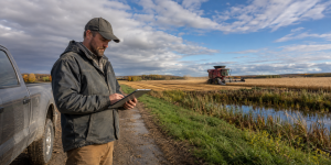 Agriculteur consultant ses données près d’un champ en récolte après la pluie