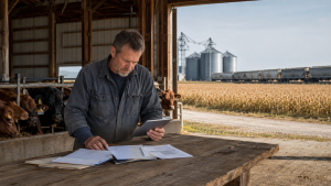 Agriculteur consultant ses finances dans une étable, devant un champ, des silos et un train de grains
