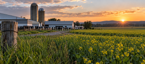 Ferme québécoise avec troupeau laitier et champ de canola au coucher du soleil