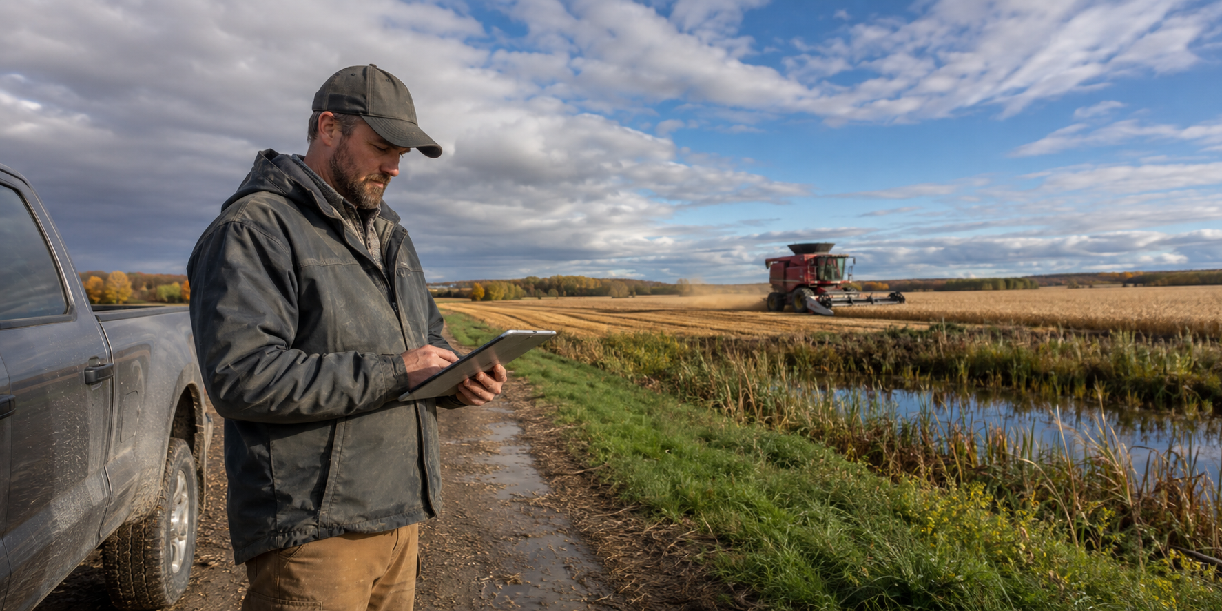 Farmer reviewing farm figures beside a harvest field and an intact wet area