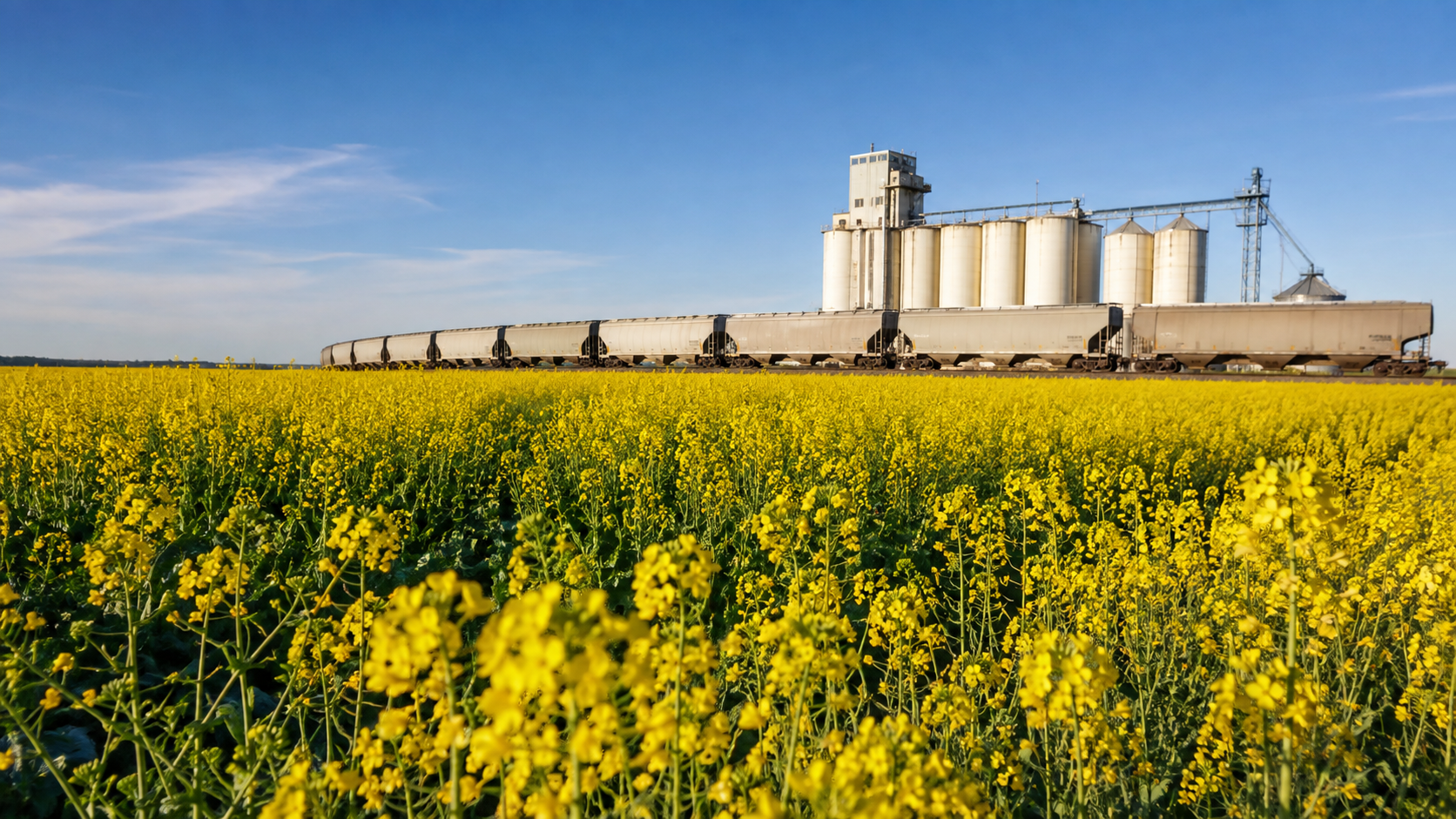 Canola field in front of grain hopper cars and silos on the Canadian Prairies