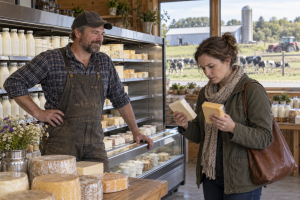 Un producteur laitier canadien et une consommatrice devant des fromages dans un marché à la ferme