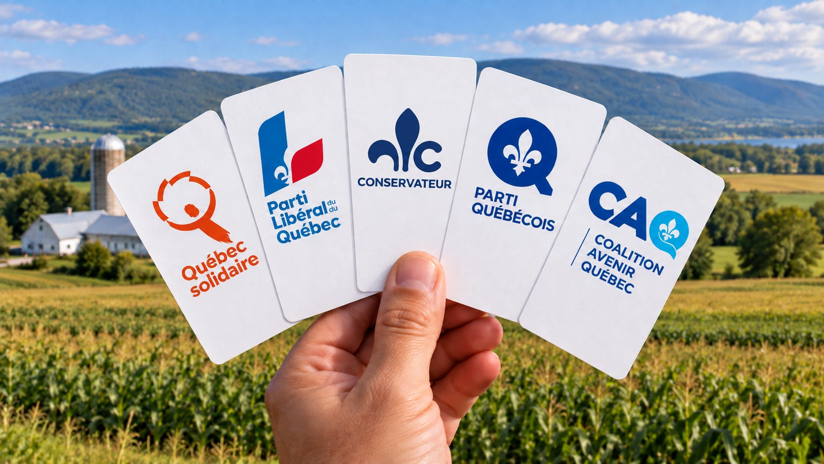 Main tenant cinq cartes portant les logos des principaux partis devant un paysage agricole québécois