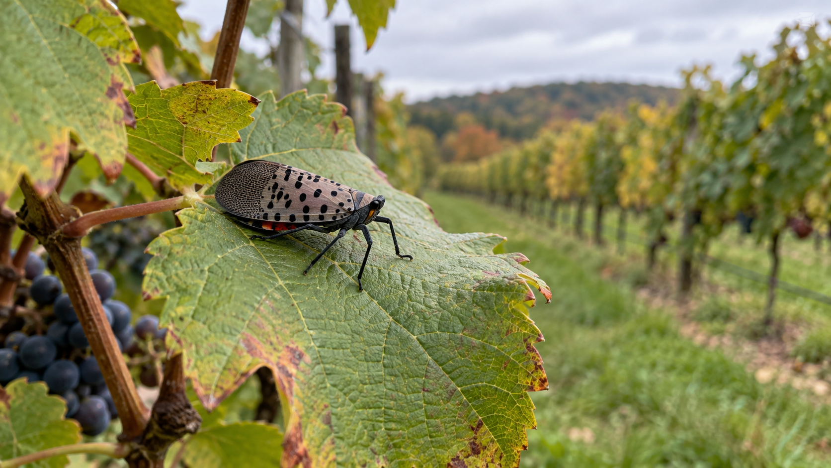 Fulgore tacheté adulte posé sur une feuille de vigne dans un vignoble
