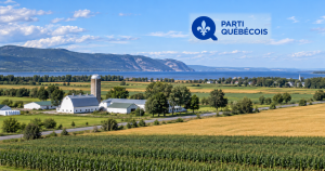 Ferme et terres agricoles au Québec avec le logo complet du Parti québécois